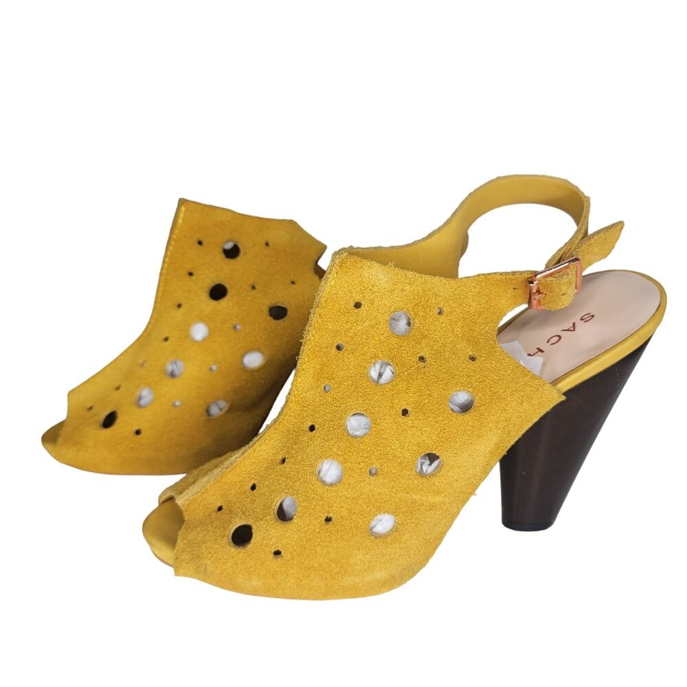 Sacha London Mustard Yellow Suede Leather Upper Slingback Heeled Sandals 4"